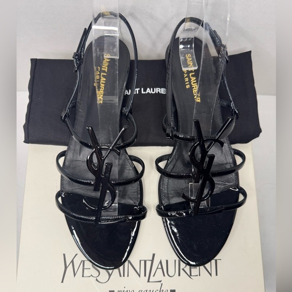 SAINT LAURENT CASSANDRA PATENT SANDALS iBLACK Size 381/2. - Picture 1 of 8